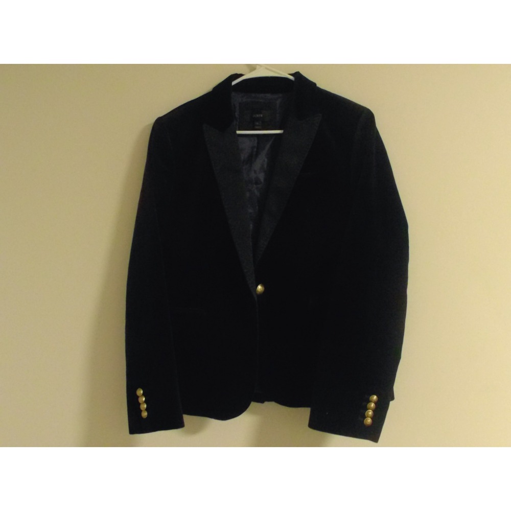 J.Crew Womens Velvet Blazer Navy Blue Gold Crest Button Tuxedo Jacket 18